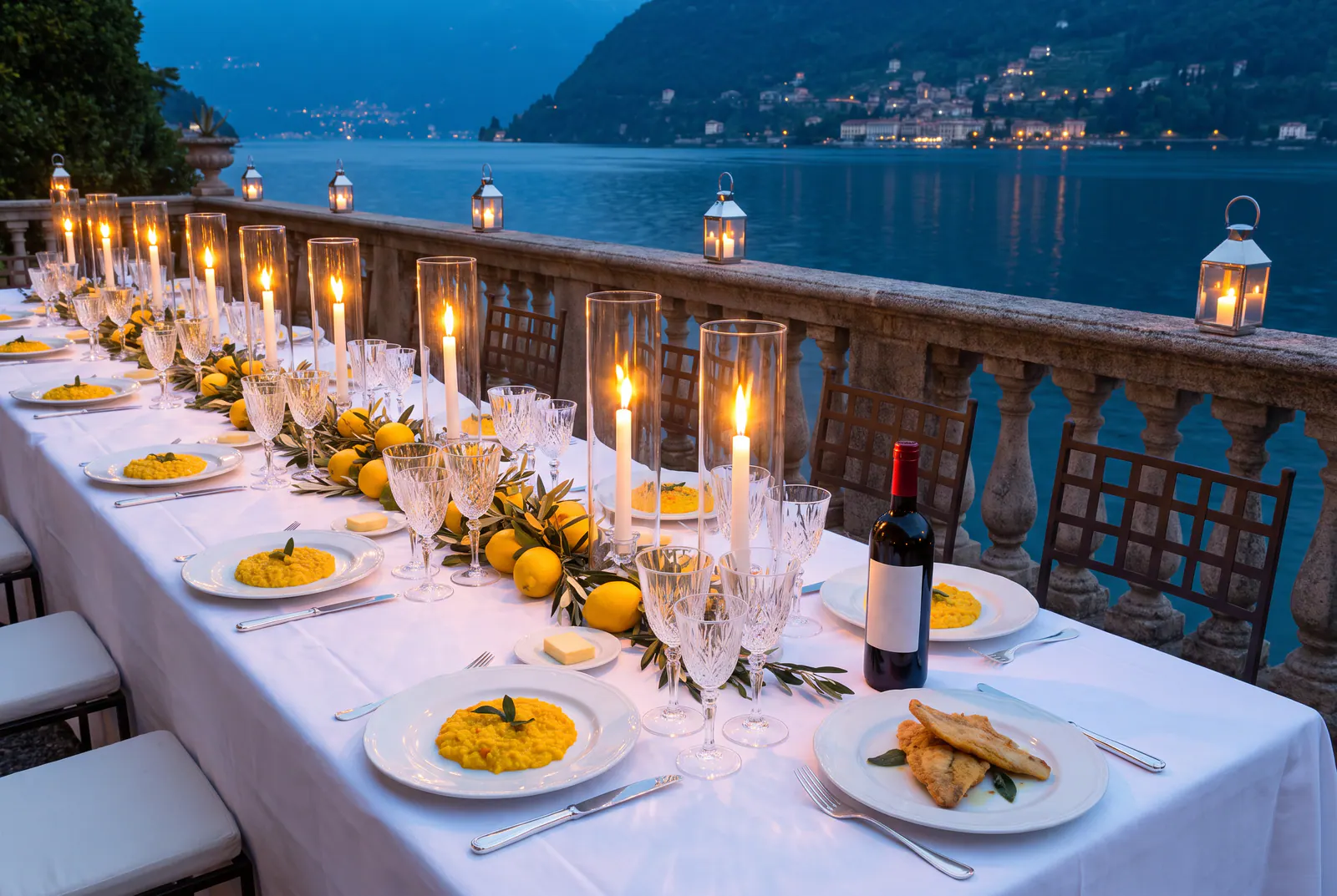Une table dressée sur la terrasse au crépuscule, bougies et lac illuminé.