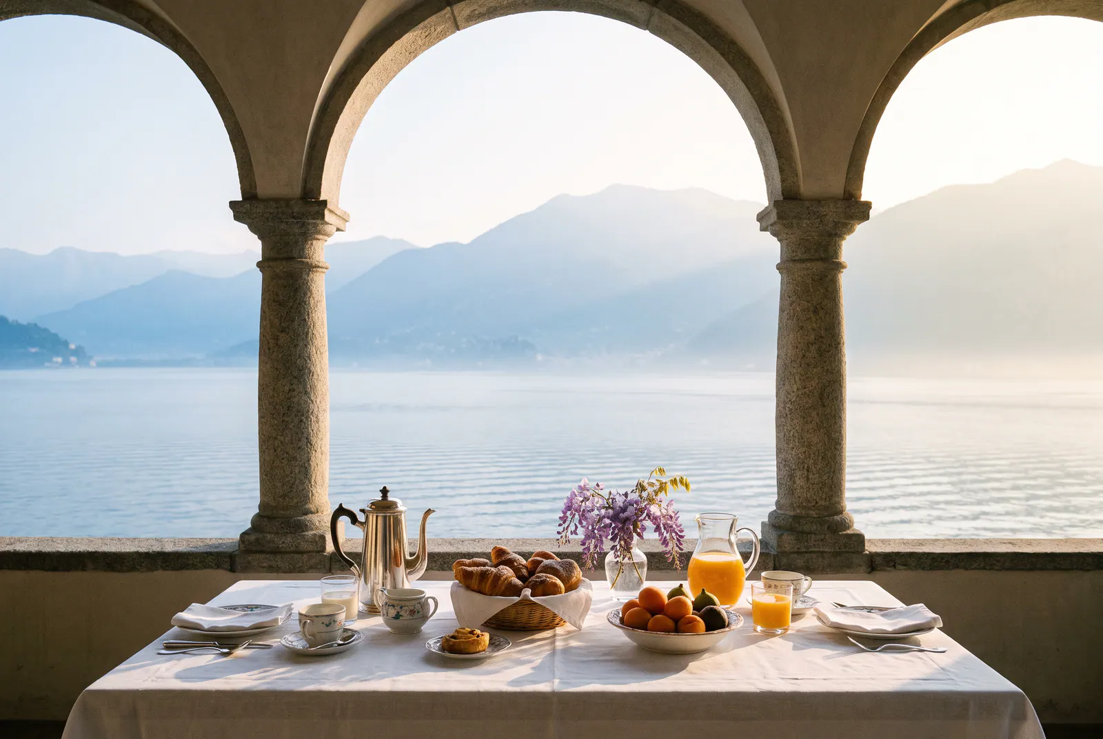 Table du petit-déjeuner sous les arches de la loggia, le lac dans la brume du matin.