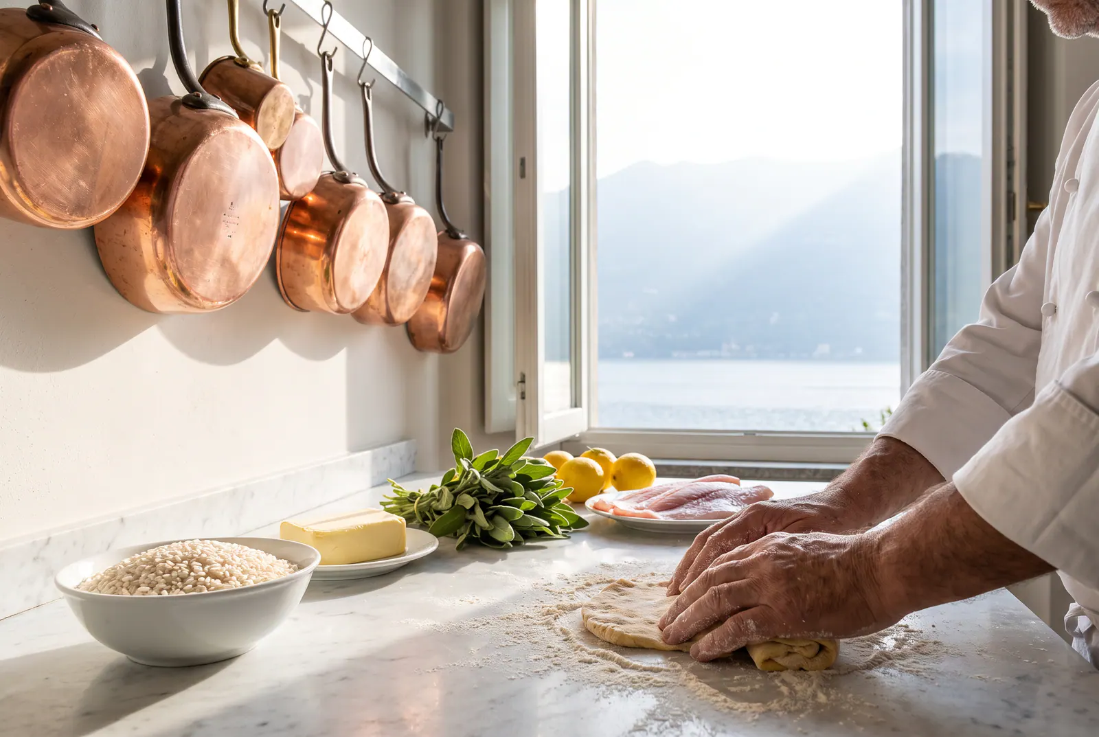 Des mains pétrissant des pâtes fraîches sur un plan de marbre, casseroles de cuivre, fenêtre sur le lac.