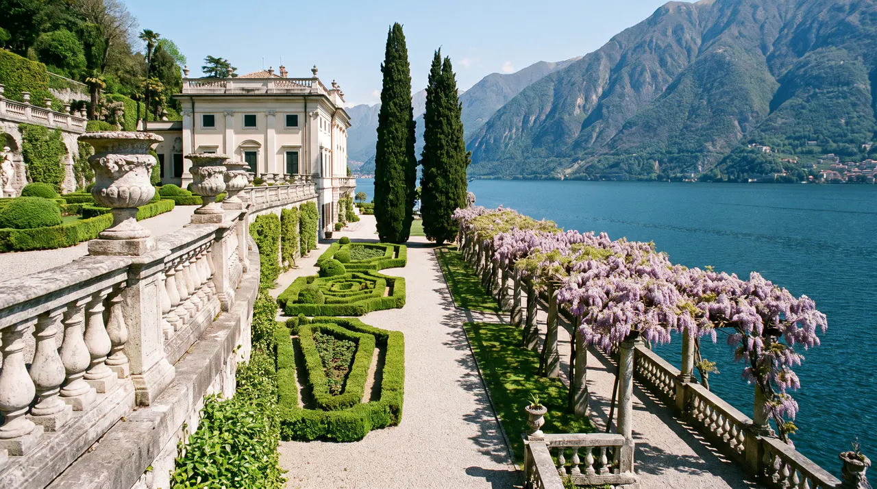Le jardin en terrasses : parterres de buis, cyprès et pergola de glycine au-dessus du lac.