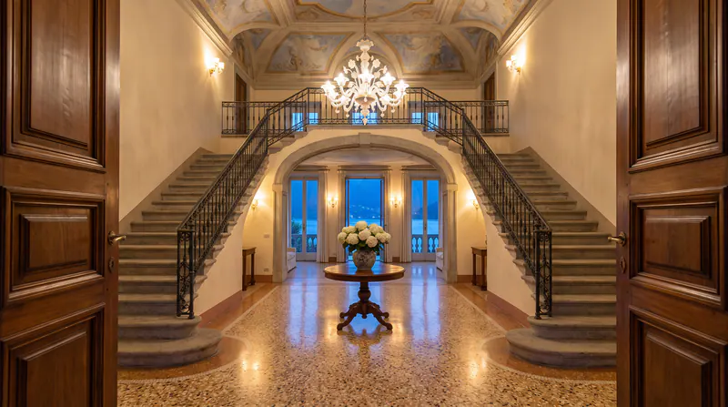 Le hall : escalier à double volée, lustre de Murano, table ronde aux hortensias blancs.