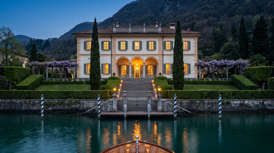 La villa vue depuis la proue d’un bateau au crépuscule.