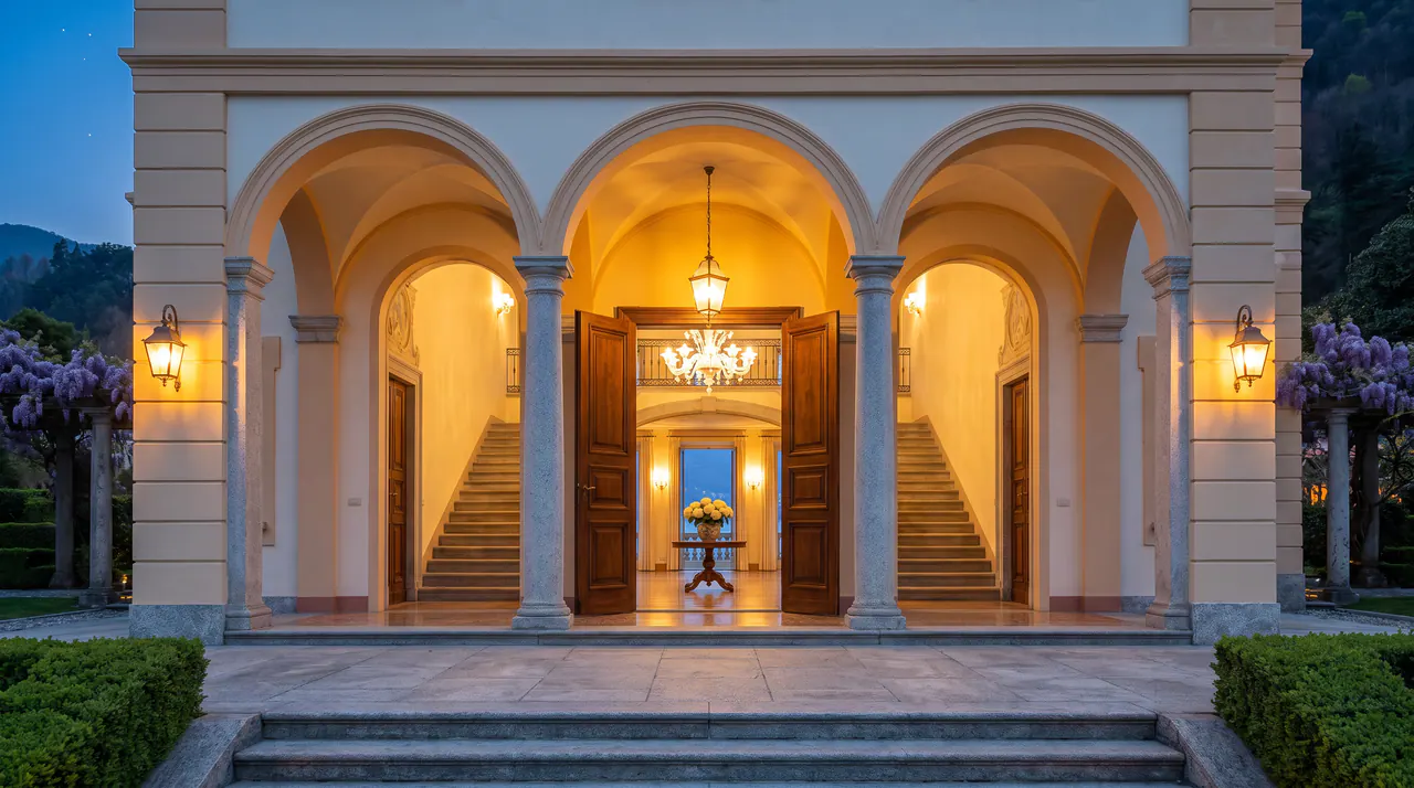 La loggia de Villa Tivano au crépuscule, portes ouvertes sur le hall éclairé.