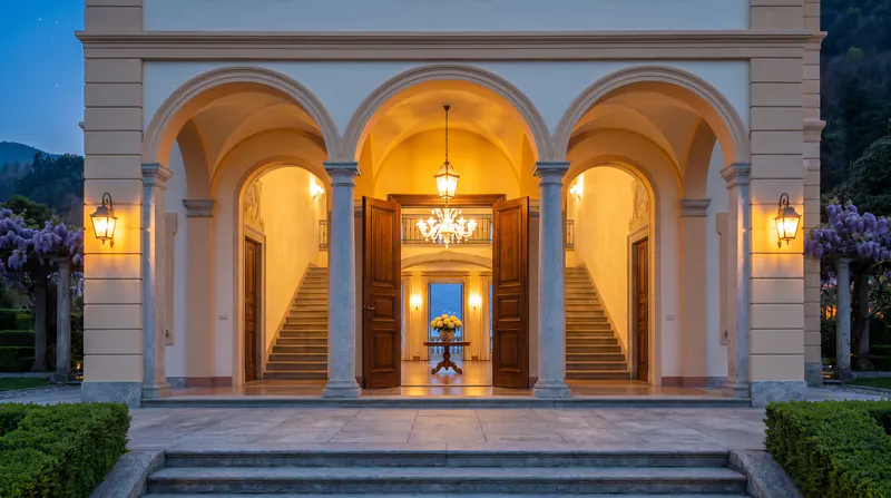 La loggia à trois arches, ses portes en noyer ouvertes sur le hall éclairé.