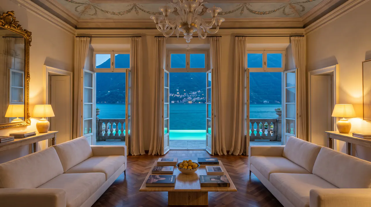 Le salon, canapés ivoire et portes-fenêtres ouvertes sur le lac.