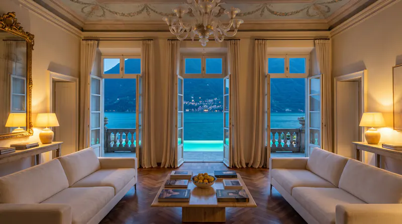 Le salon, ses trois portes-fenêtres ouvertes sur la terrasse et le lac.