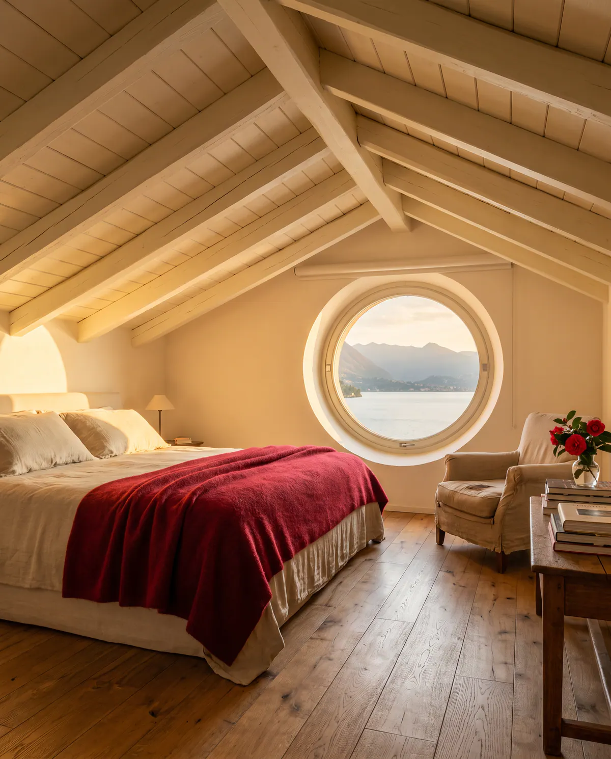 Suite Camelia : chambre mansardée aux poutres apparentes, plaid rouge et fenêtre ronde sur le lac.