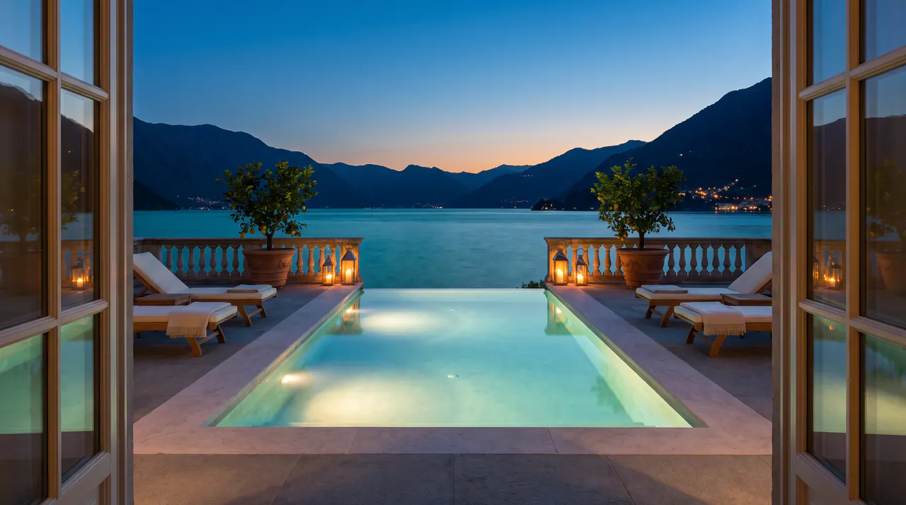 La piscine à débordement sur la terrasse au crépuscule.