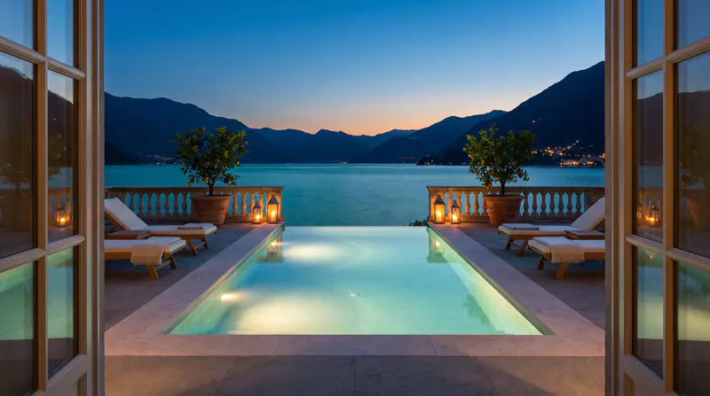 La piscine à débordement éclairée sur la terrasse, le lac et les montagnes au crépuscule.